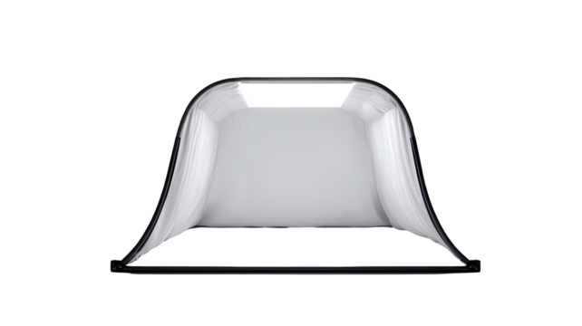 Smooth, bell-shaped, reflective object.  White interior