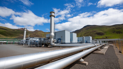 Geothermal power plant with steam extraction wells and turbine buildings featuring piping systems carrying heated fluids and cooling towers in volcanic landscape setting geotherm
