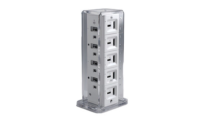 Clear acrylic tower with multiple USB ports.  A vertical, multi-port USB hub housed within a clear acrylic enclosure.  The hub has five tiers of USB ports, each with a rectangular white faceplate.