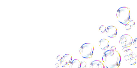 Iridescent soap bubbles in various sizes shimmer with rainbow reflections against a transparent backdrop. The elegant, airy elements add a magical, dreamy touch to any composition.
