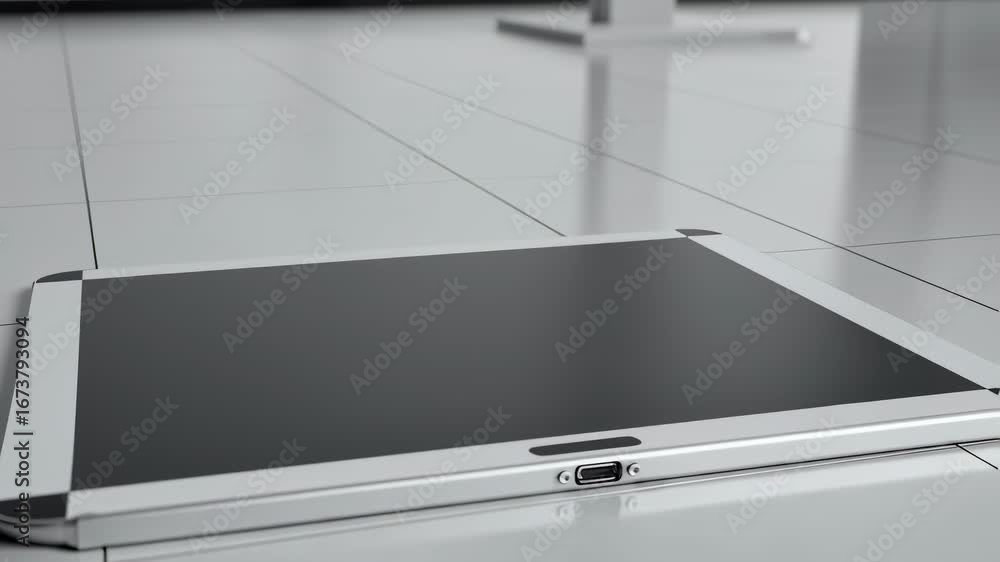 Poster digital tablet on a tile surface featuring reflective technology in a modern laboratory setting for 