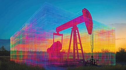 Oil rig within a vibrant, transparent grid at sunset