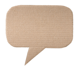 Blank textured empty cut out corrugated brown cardboard paper speech bubble with copy space for text on transparent png background design element