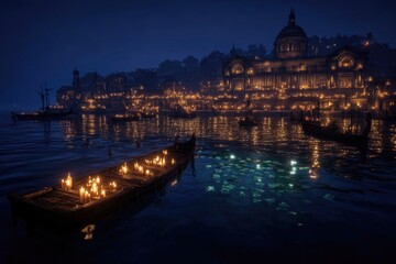 Obraz premium Night scene, illuminated city by water