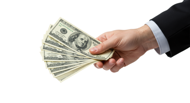A neutral human hand in a professional sleeve confidently holds fanned new US 100 dollar bills, Benjamin Franklin visible, transparent background, financial prosperity concept