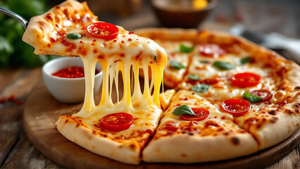 Delicious pizza slice with stringy cheese pull and vibrant toppings, perfect for food blog or restaurant menu