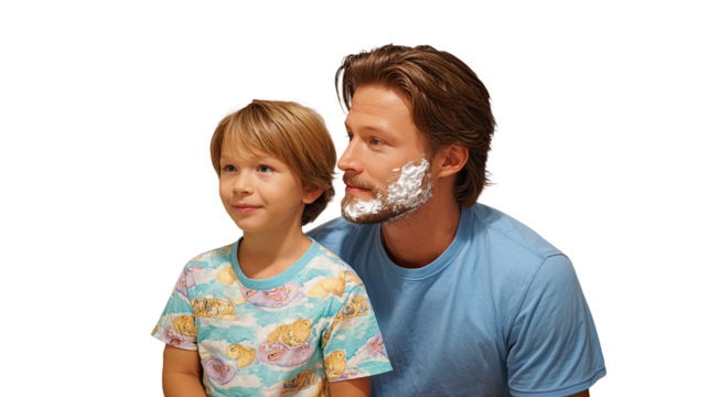 Father and son with shaving cream isolated on transparent background