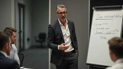 Experienced businessman leading a meeting in a modern office with a whiteboard presentation - Powered by Adobe