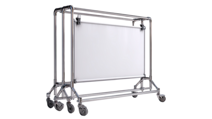 Portable, wheeled enclosure with a large, blank white surface