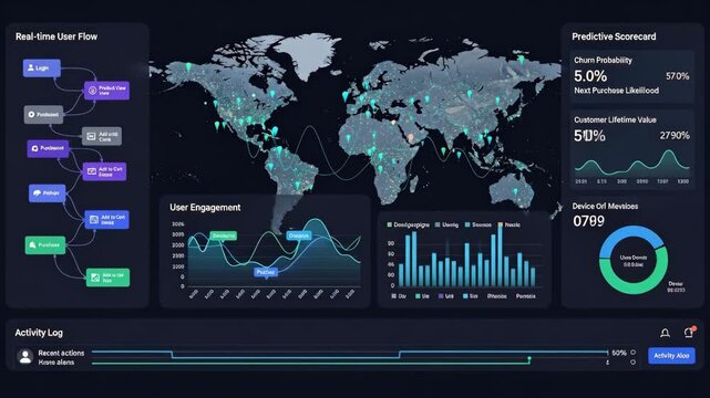 Predictive Analytics Dashboard - User Behavior Visualization - A futuristic-looking dashboard displays real-time user flow, engagement metrics, and predictive analytics scores, all visualized on a