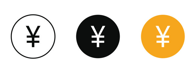 Yen icon set with outline, solid, and colored styles with white background for finance, currency, and banking apps.