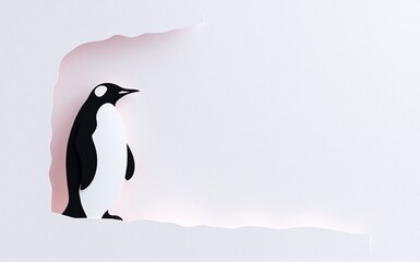 A solitary penguin stands by a jagged opening in a delicate paper cut, hinting at an icy, abstract landscape.