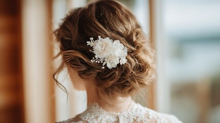 A bride in a delicate lace dress showcases her elegant hairstyle adorned with white flowers.