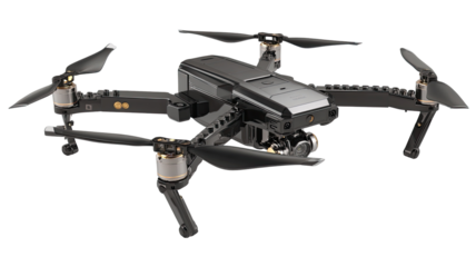 Dark gray drone with four rotors, a central body, and a camera
