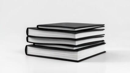 Stack of black books on white background