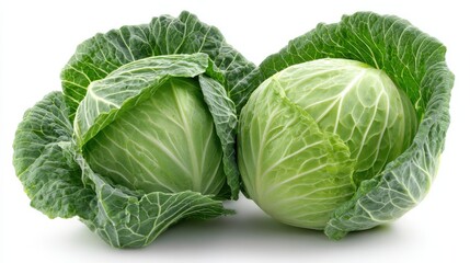 Fototapeta premium Fresh Green Cabbage Heads with Crisp Leaves Perfect for Cooking, Salads, and Healthy Dishes in a Bright Studio Setting with White Background