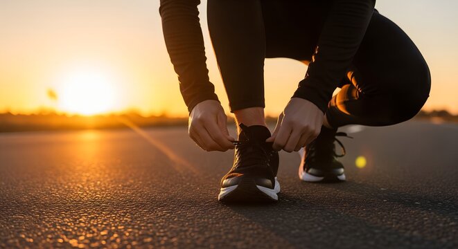 Person tying running shoes on a road at sunset