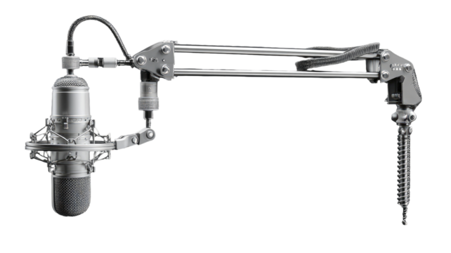 A silver-toned studio microphone arm with a condenser microphone attached.  The arm has adjustable sections and is designed for precise positioning