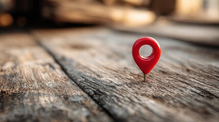 Red location pin on a rustic wooden surface capturing the essence of navigation, travel, exploration, and directional guidance in a natural setting