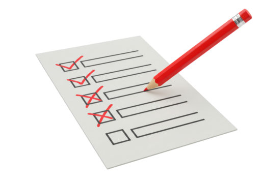 Isolated checklist showing tasks marked as done and a red pencil over the paper sheet