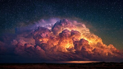 Majestic Storm Clouds Illuminated by Setting Sun Against a Starry Night Sky in a Tranquil Landscape