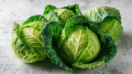 Fototapeta premium Fresh Green Cabbages with Crisp Leaves Piled Together on a Concrete Surface, Creating a Vibrant and Natural Display of Vegetables for Culinary Use