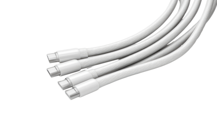 White flexible cables, multiple, curved, close-up.  Several white, flexible,  conductive cables arranged in a curved,  intertwined pattern.  Close-up view of the connectors