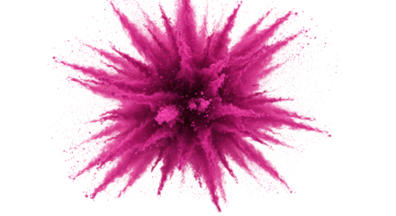 Vibrant magenta powder burst forming a sculptural cloud with motion trails, thousands of particles radiating outwards on a transparent studio background, concept of transformative energy