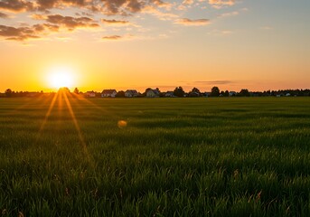 Serene Sunset Over a Green Field and Village. Generative Ai