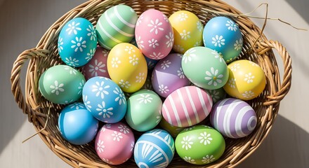 Overhead view of a wicker basket filled with vibrantly colored and patterned Easter eggs on a neutral background.