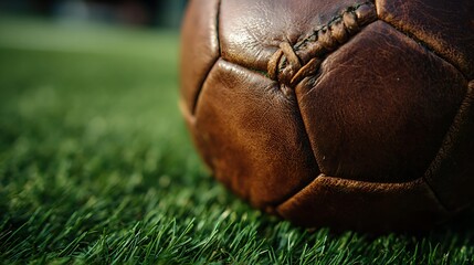 Close-up of a worn, vintage brown soccer ball resting on vibrant green grass.