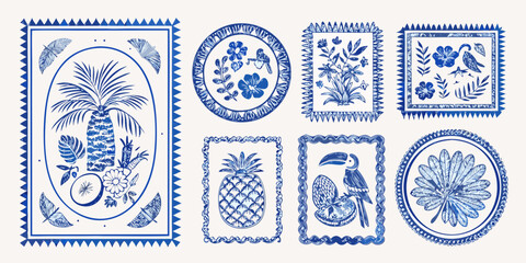 Collection of blue and white tropical illustrations featuring palm trees pineapples toucans and flowers © Ripan