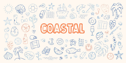Whimsical coastal doodle collection featuring the word coastal and beach vacation elements