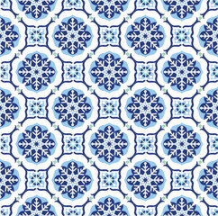 Seamless Pattern of Christmas Medallion Snowflakes. Blue and white Background- Christmas Medallion Vector Illustration
