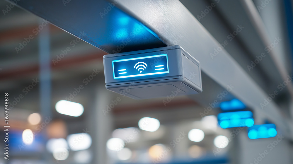 Poster modern smoke detection system with led indicators mounted on industrial ceiling featuring wireless c
