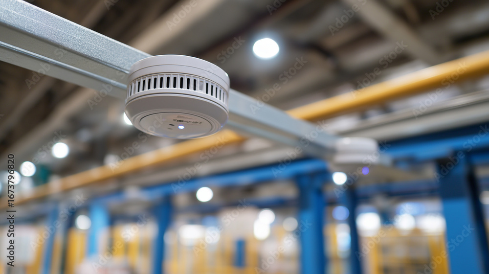 Poster modern smoke detection system with led indicators mounted on industrial ceiling featuring wireless c