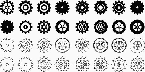 Collection of diverse gear and cogwheel icons in black and white outlines and solid fills