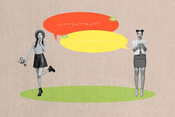 Image template collage of people use gadget speaking text box on pastel color background