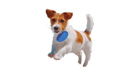 Jack russell terrier dog jumping with a blue disc in its mouth isolated on transparent background