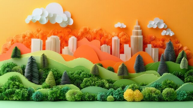 Paper cut cityscape, hills, trees, clouds