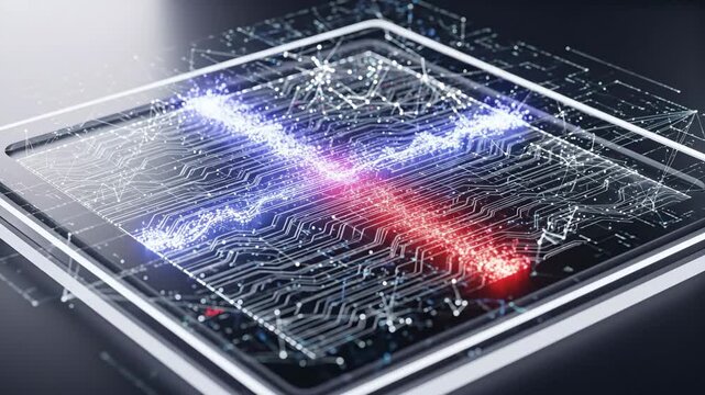 Futuristic Biochip with Quantum Data Flow - Close-up view of a futuristic biochip, showcasing quantum dots flowing within its circuitry and emitting ultraviolet and red light.