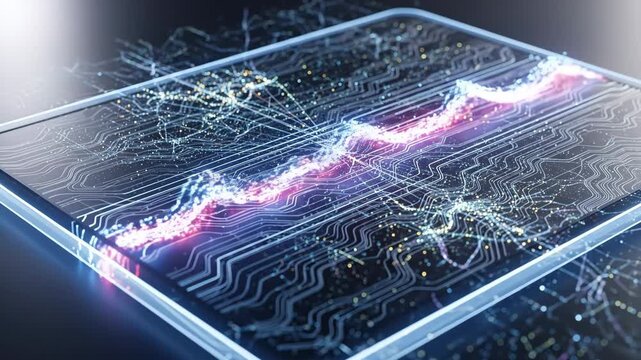 Futuristic Biochip with Quantum Data Flow - Close-up view of a futuristic biochip displaying a wave of quantum dots flowing through its intricate circuitry, emitting ultraviolet and red light.