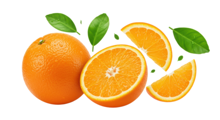 Ripe whole and half oranges with glistening pulp, dewy slices, and green leaves levitating dynamically on a transparent studio background with soft light, concept of natural vitality
