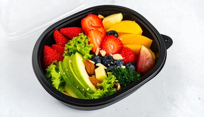 Colorful fruit and vegetable salad in a black container