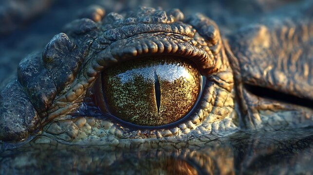 Close-up of a crocodile's eye, highlighting its unique texture and vibrant colors in a serene water setting. - Powered by Adobe