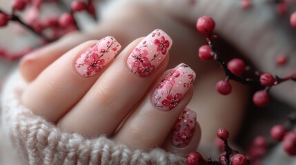 Pink floral nail art winter sweater