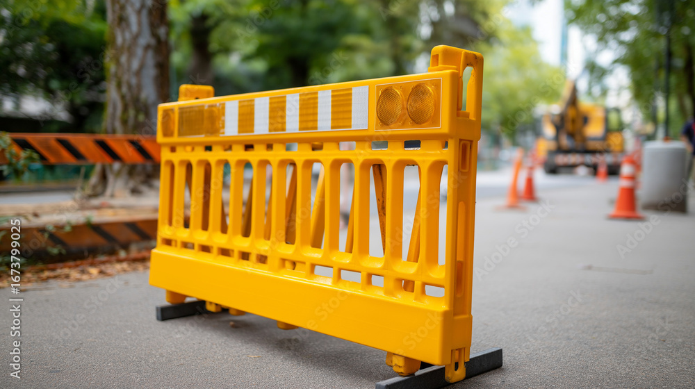 Poster portable safety barrier systems with reflective striping and warning lights creating secure work zon