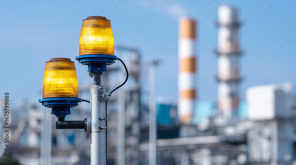 Poster Emergency communication tower with public address speakers strobe lights and wireless connectivity equipment positioned for maximum coverage in industrial complex emergency comm