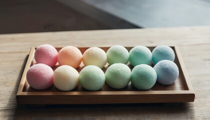 Pastel Mochi Balls on Traditional Wooden Tray