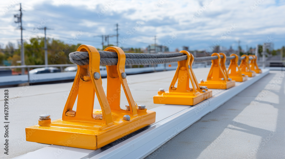 Poster fall protection anchor points and safety harness systems installed on rooftop with proper rigging eq
